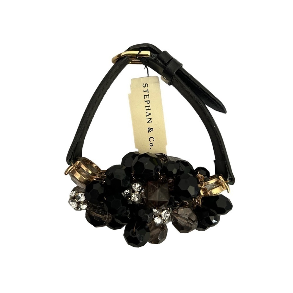 Genuine Leather Watchband Beaded Rhinestone Faux Clear Crystal Accents Gold tone